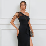 One Shoulder Slash Neck Beading Party Maxi Dress Women Sexy Slit Long Prom Dress Evening Dress