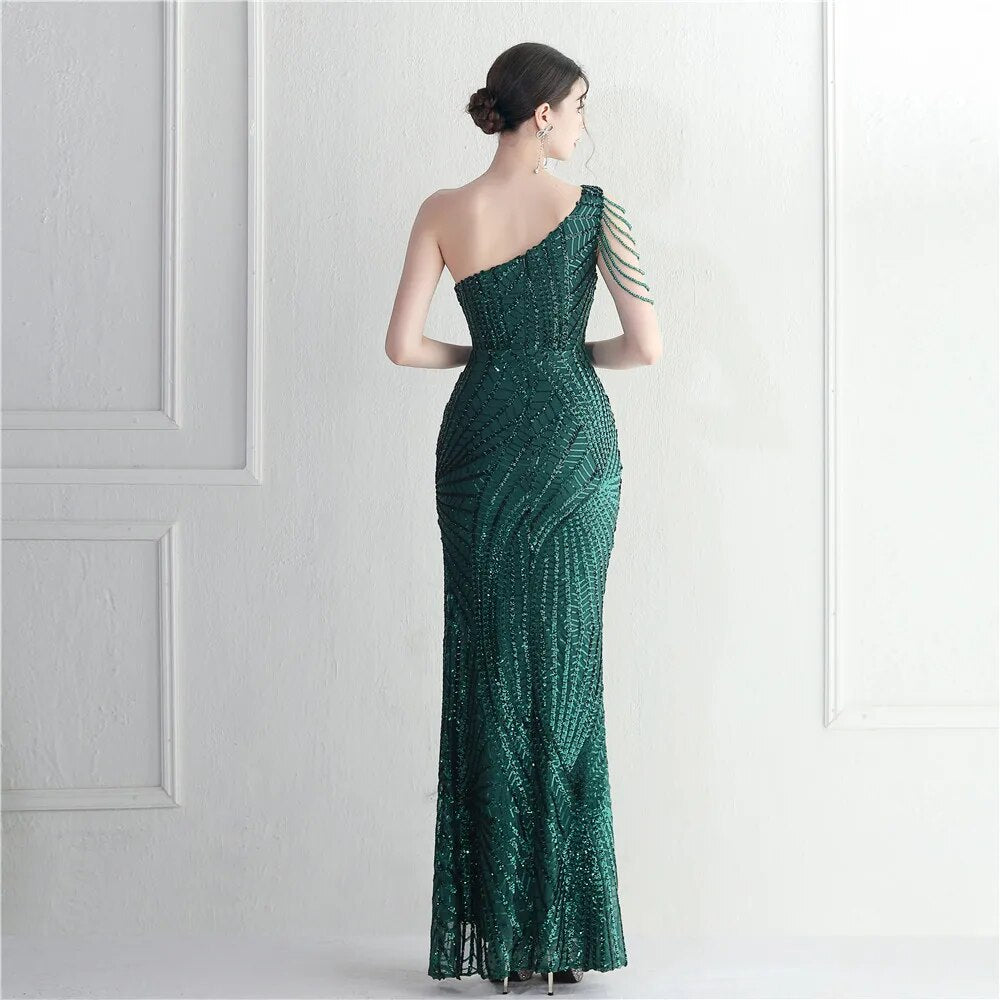 Sexy Slit Green Sequin Women One Shoulder Beading Long Evening Dress Party Maxi Dress