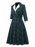 Notched Collar Green Plaid Vintage High Waist Dress Autumn Winter Women 3/4 Length Sleeve 1950S Rockabilly Midi Dresses