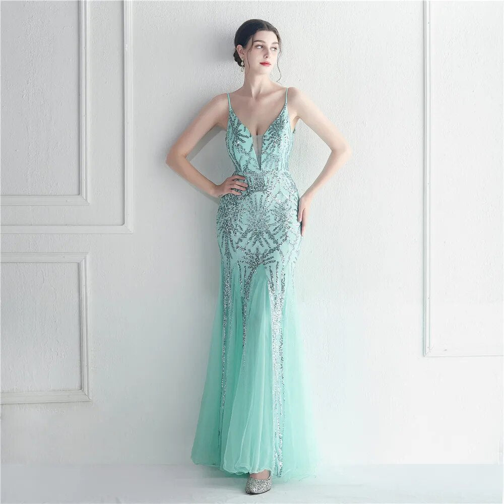 Women Gold Sequin Strap Beading Party Maxi Dress Sexy V Neck Evening Dress Long Prom Dress