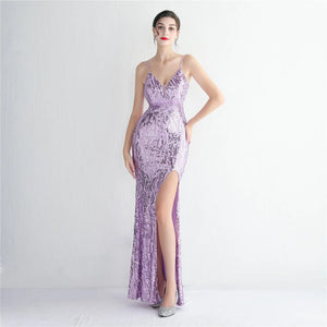 Women Sexy Slit Party Maxi Dress Strap V Neck Evening Dress Purple Sequin Long Prom Dress