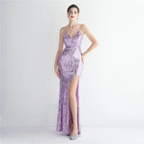 Women Sexy Slit Party Maxi Dress Strap V Neck Evening Dress Purple Sequin Long Prom Dress