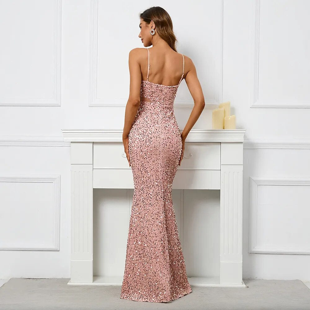 Backless Pink Sequin Sexy Bar Long Party Evening Dresses Luxury Velvet Stretch Off Shoulder Cocktail Prom Dress