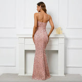 Backless Pink Sequin Sexy Bar Long Party Evening Dresses Luxury Velvet Stretch Off Shoulder Cocktail Prom Dress