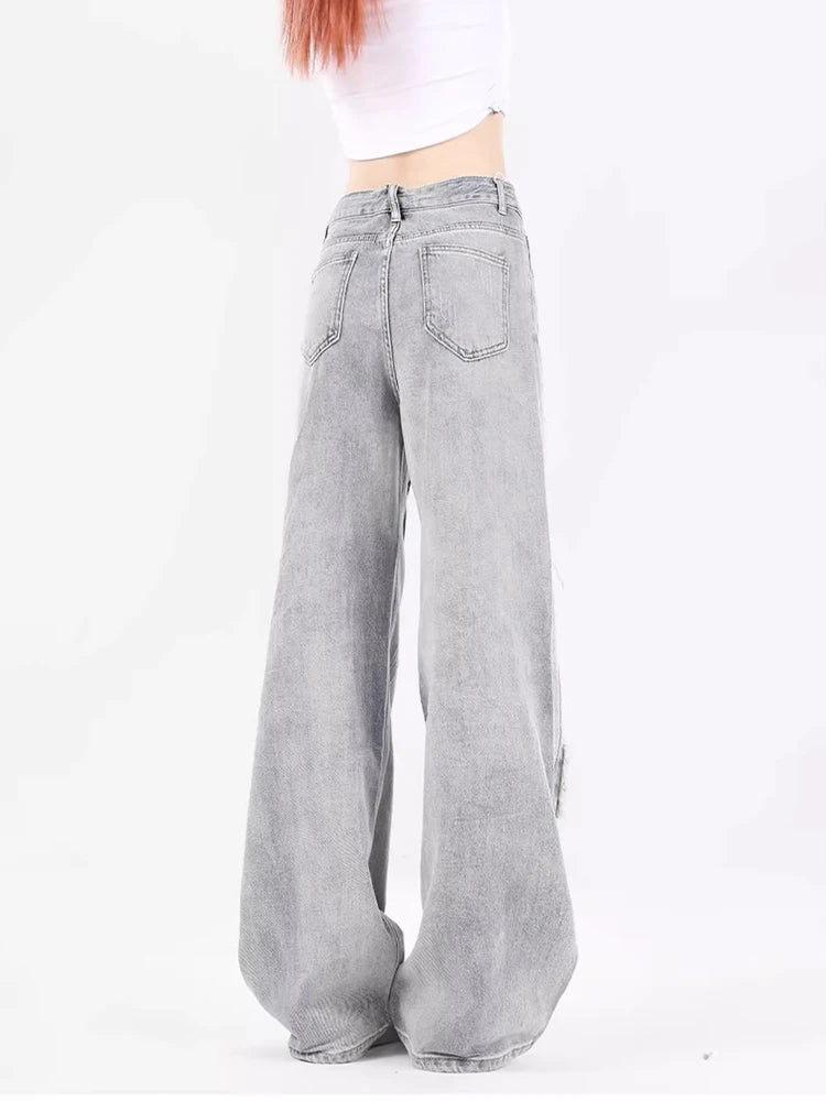 American Retro Y2K Jeans Women Star Raw Edge Splicing Loose Wide Leg Denim Pants Female Blue Embroidery Trousers
