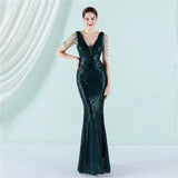 Women Beading Long Prom Dress Deep V Neck Black Sequin Evening Sexy Party Maxi Dress