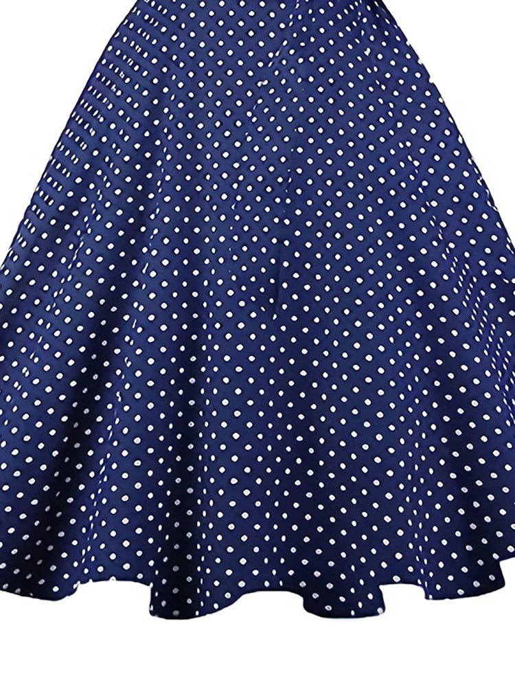 3XL 4XL Vintage Dresses for Women Square Neck Puff Sleeve Belted Polka Dot Print Blue Elegant 50s Pinup Midi Dress