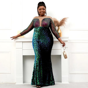 Plus Size Stretch Green Sequin Dress Pearls Full Sleeve See Through Mermaid Evening Night Long Party Maxi Dress