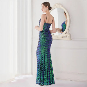 Women Strap Party Maxi Dress Sexy Slit V Neck Evening Sequin Long Prom Dress