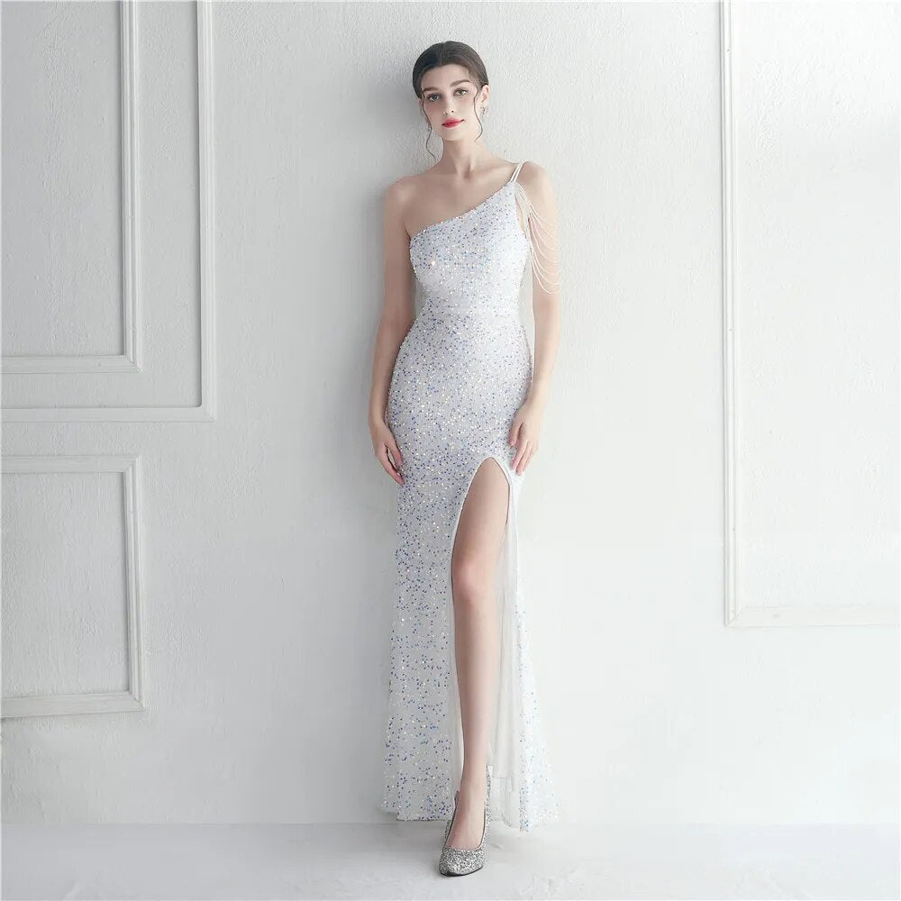 Sexy Slit Beading Evening Dress Women Slash Neck Sequin Party Maxi Long Prom Dress