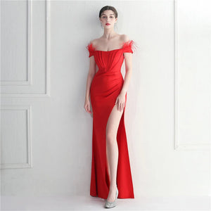 Off Shoulder Feather Party Maxi Dress Women Slash Nech Sexy Slit Long Prom Dress Evening Dress