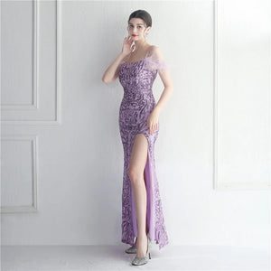 Sexy Slit Long Sequin Evening Dresses Luxury Feather Stretch Sleeveless Cocktail Party Prom Dress
