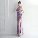 Sexy Slit Long Sequin Evening Dresses Luxury Feather Stretch Sleeveless Cocktail Party Prom Dress