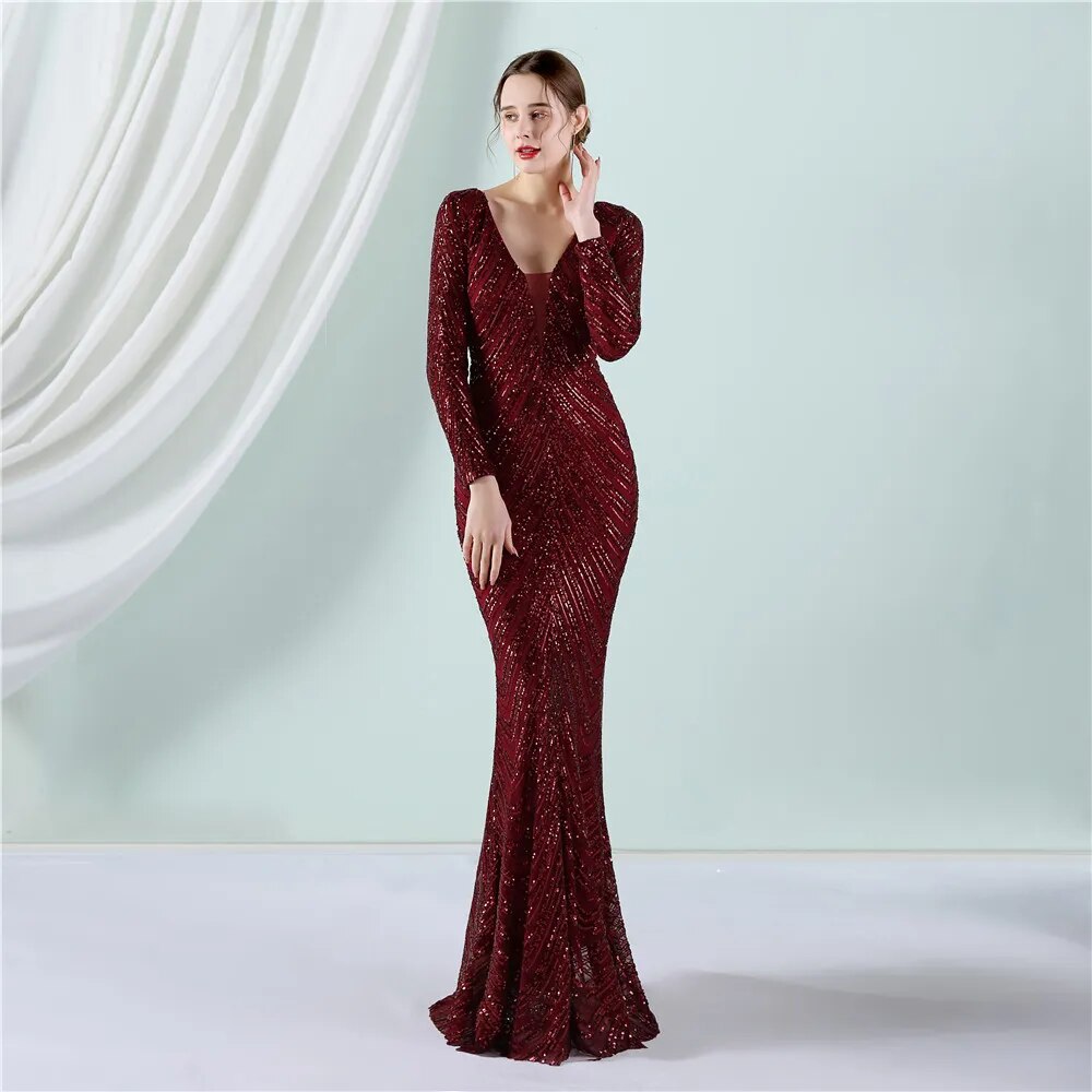 Stretch Sequin Maxi Dress Full Sleeve V Neck Mermaid Stripes Evening Night Long Party Dress