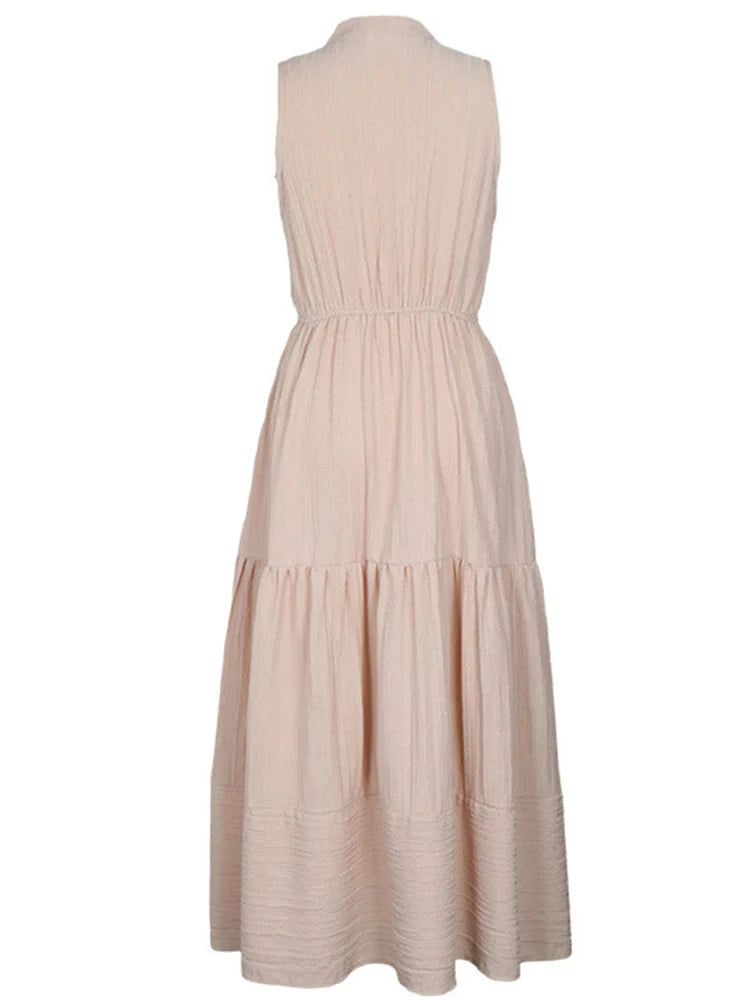 2024 Summer Solid Vintage Casual A Line Flare Women's Dress Elegant Sleevless V Neck Comfortable Loose Midi Long Dresses