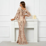 Stretch V Neck Gold Sequin Evening Dress Long Sleeve Mermaid Evening Night Party Maxi Dress