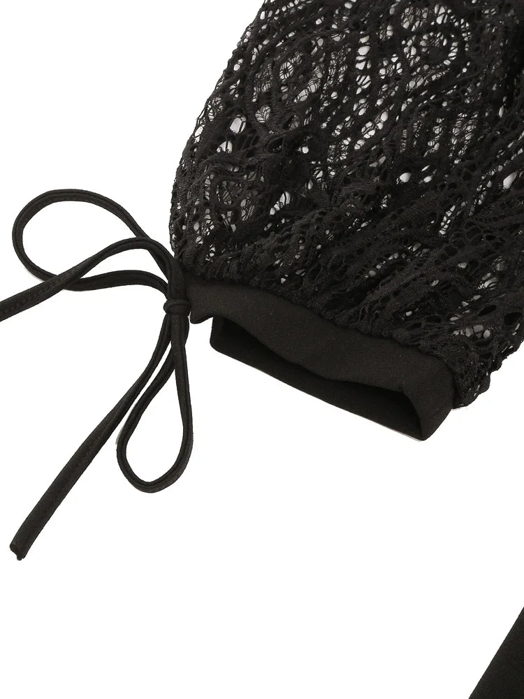 Hollow Out Front Elegant Evening Festival Black Dresses for Women Lace Long Sleeve Ladies Vintage Sexy Swing Dress