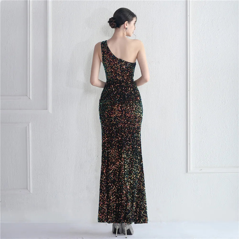 Sexy Slit Black Velour Sequin Evening Women Slash Neck Party Maxi Long Prom Dress