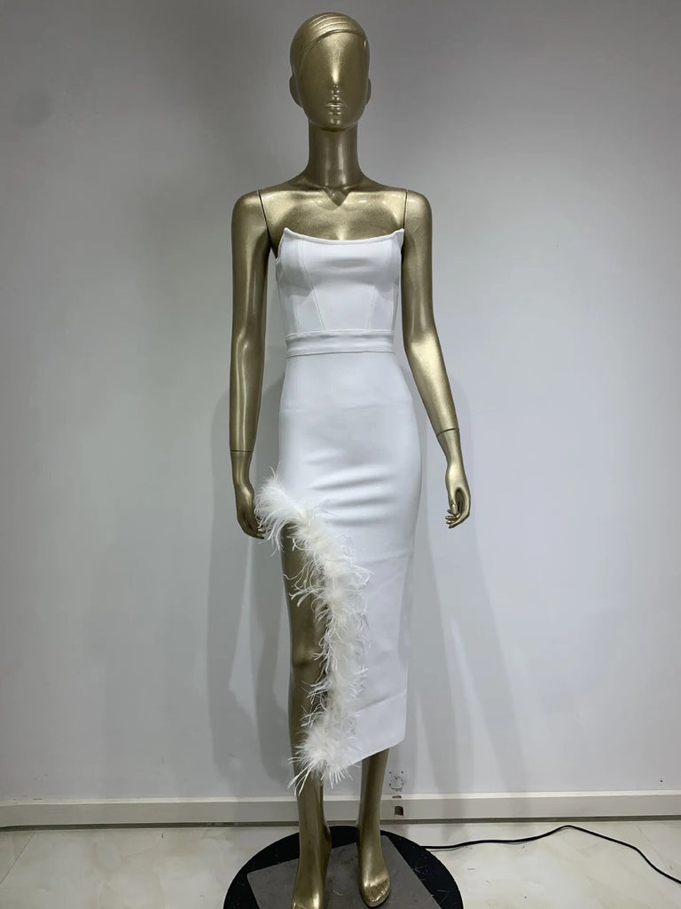 Off Shoulder Feather Long Sexy Slit Party Evening Dress White Color Celebrity Dress