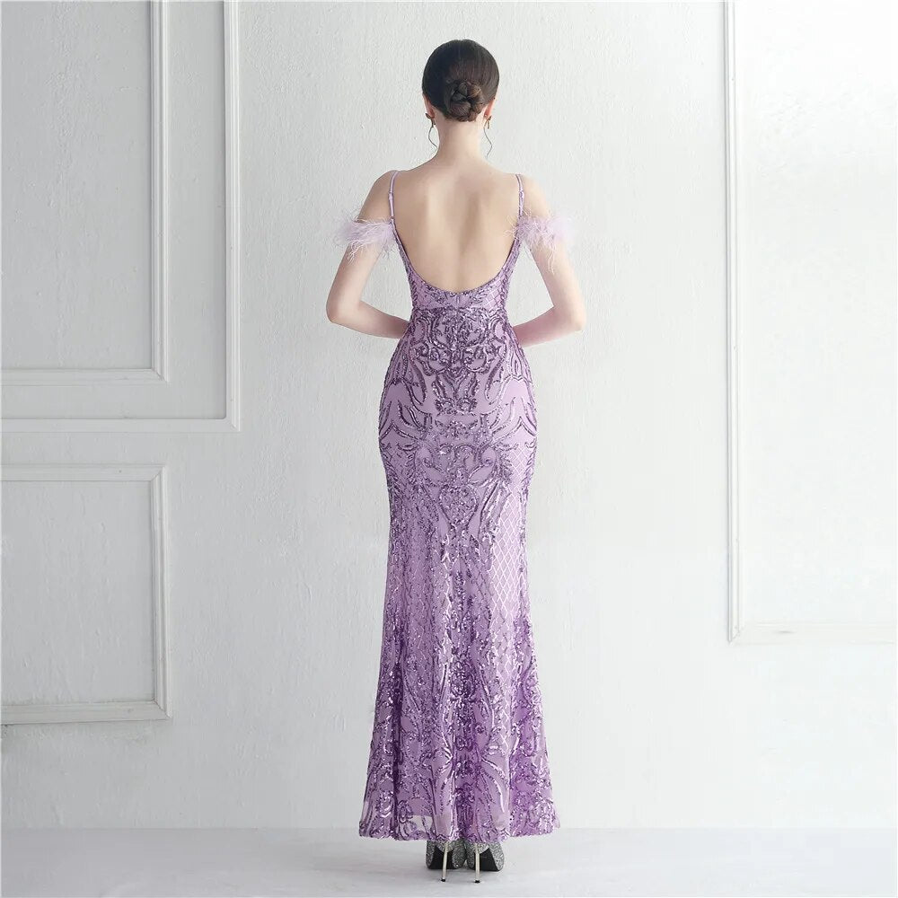 Sexy Slit Long Sequin Evening Dresses Luxury Feather Stretch Sleeveless Cocktail Party Prom Dress