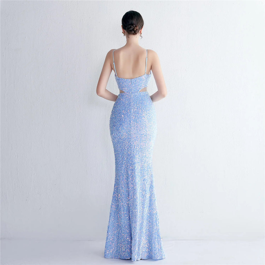 Blue Sequin Backless Sexy Bar Long Party Evening Dresses Luxury Velvet Stretch Off Shoulder Cocktail Prom Dress