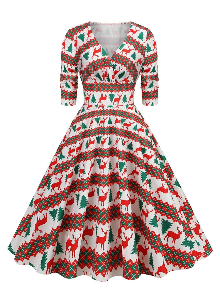 Deer and Tree Print Christmas Party Evening Winter Dress Women V-Neck –  jetechband