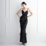 Women Sexy Party Maxi Dress Strap V Neck Feather Evening Black Sequin Long Prom Dress