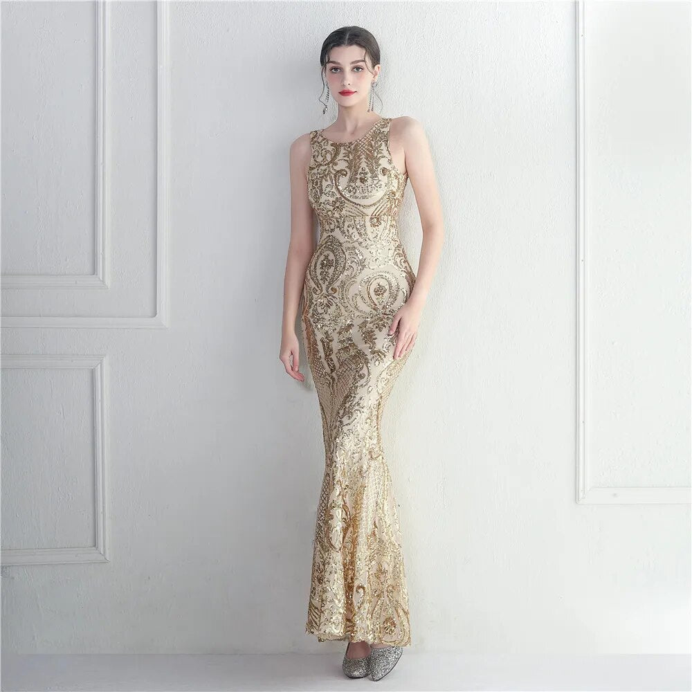 Backless Beading White Sequin Evening Dress New Women Party Maxi Dress Long Prom Dress
