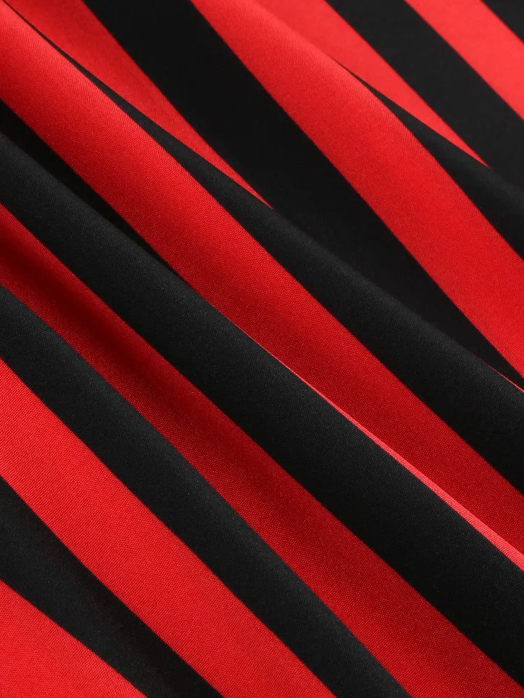 Red and Black Stripes Elastic Waist Gothic Club Clothes Halloween Women Raw Hem Vintage Style A-Line Midi Skirt