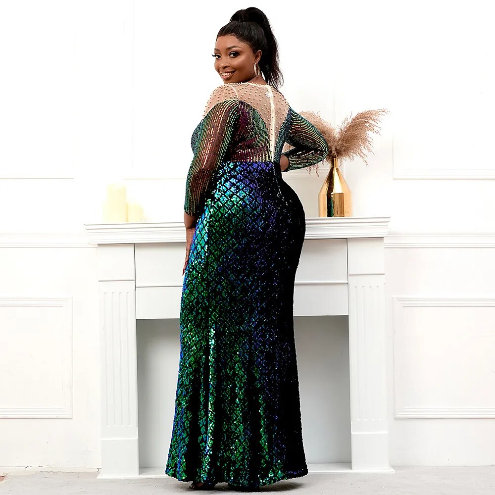 Plus Size Stretch Green Sequin Dress Pearls Full Sleeve See Through Mermaid Evening Night Long Party Maxi Dress