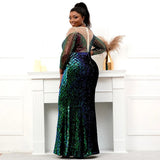 Plus Size Stretch Green Sequin Dress Pearls Full Sleeve See Through Mermaid Evening Night Long Party Maxi Dress