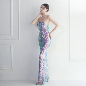 Sexy Blue Sequin Evening Women Slash Neck Beading Party Maxi Long Prom Dress