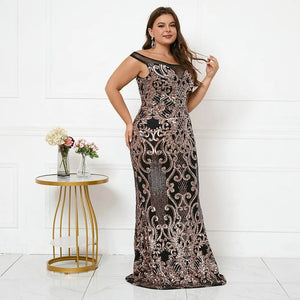 Plus Size Women Elegant Boat Neck Party Maxi Dress Off Shoulder Black Gold Sequin Evening Dress Long Prom Dress