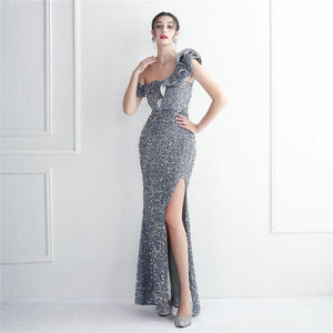 Women One Shoulder Slit Sequin Evening Dress Gray Ruffles Celebrity Maxi Dress Sexy Slash Neck Long Party Dress