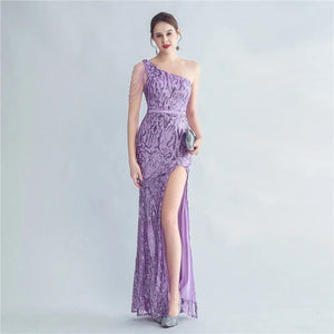 Elegant Slash Neck Sequin Evening Dress Women Beading Long Party Maxi Dress