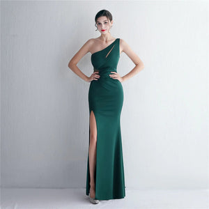 Sexy Slit Women One Shoulder Soft Satin Pleat Beading Long Evening Party Maxi Dress
