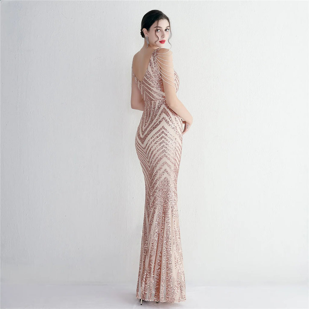 Women Beading Long Prom Dress Deep V Neck Gold Sequin Evening Dress Sexy Party Maxi Dress