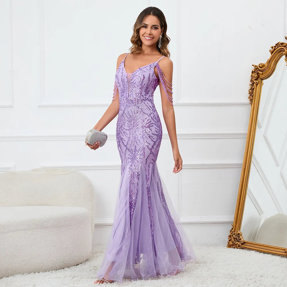 Women Purple Sequin Mesh Evening Dress Sexy Strap Beading Party Maxi Long Prom Dress