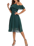 2024 Solid Ruffle Chiffon Midi Short Bridesmaid Dress Green Hollowed Out Short Sleeve Elegant Office Casual Runway Summer Dress