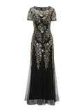 Vintage 1920s Style Evening Party Flapper Dress Women Banquet Cocktail Elegant Luxury Sequin Mesh Overlay Long Dresses