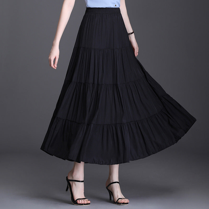 Korean Office Long Summer Women Casual Loose Large Swing Solid High Waist A Line Pleated Skirts