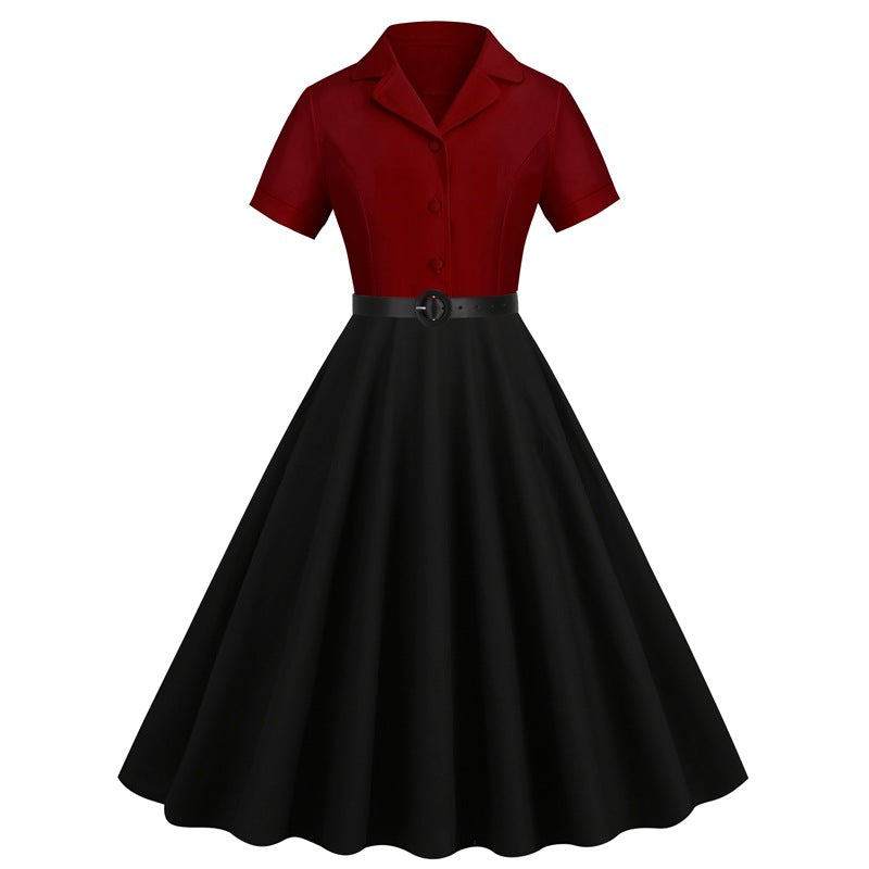 1950s Floral Patchwork V Collar Swing Dress With Belt