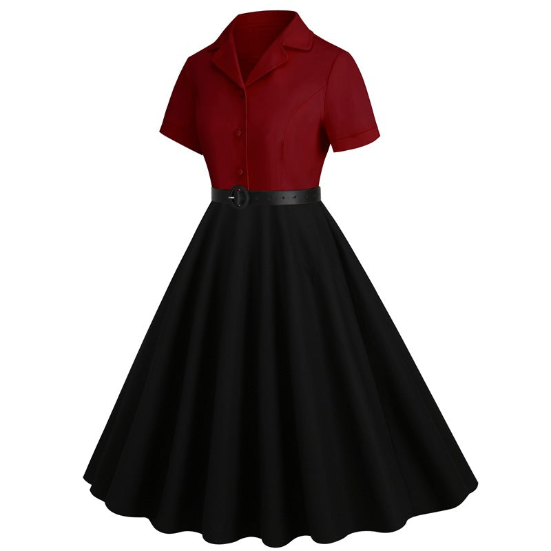 1950s Floral Patchwork V Collar Swing Dress With Belt