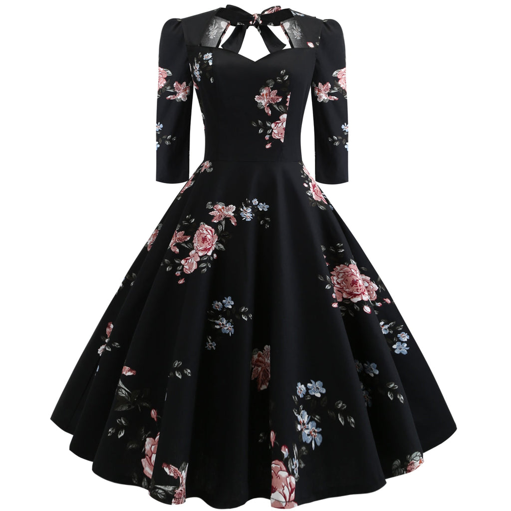 1950s Floral Print Patchwork Swing Dress