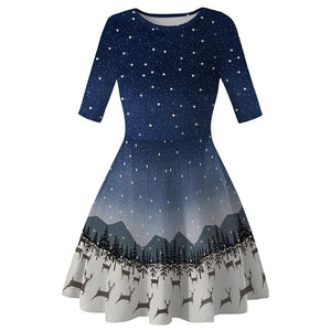 Women Vintage Christmas Dress Blue O Neck Knee Length Dresses Snow Print Christmas Dress