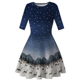 Women Vintage Christmas Dress Blue O Neck Knee Length Dresses Snow Print Christmas Dress