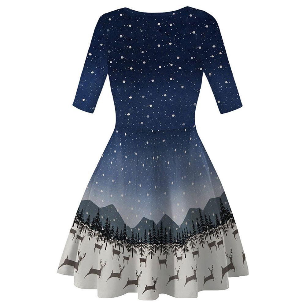 Women Vintage Christmas Dress Blue O Neck Knee Length Dresses Snow Print Christmas Dress