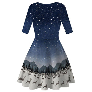 Women Vintage Christmas Dress Blue O Neck Knee Length Dresses Snow Print Christmas Dress