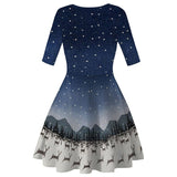 Women Vintage Christmas Dress Blue O Neck Knee Length Dresses Snow Print Christmas Dress