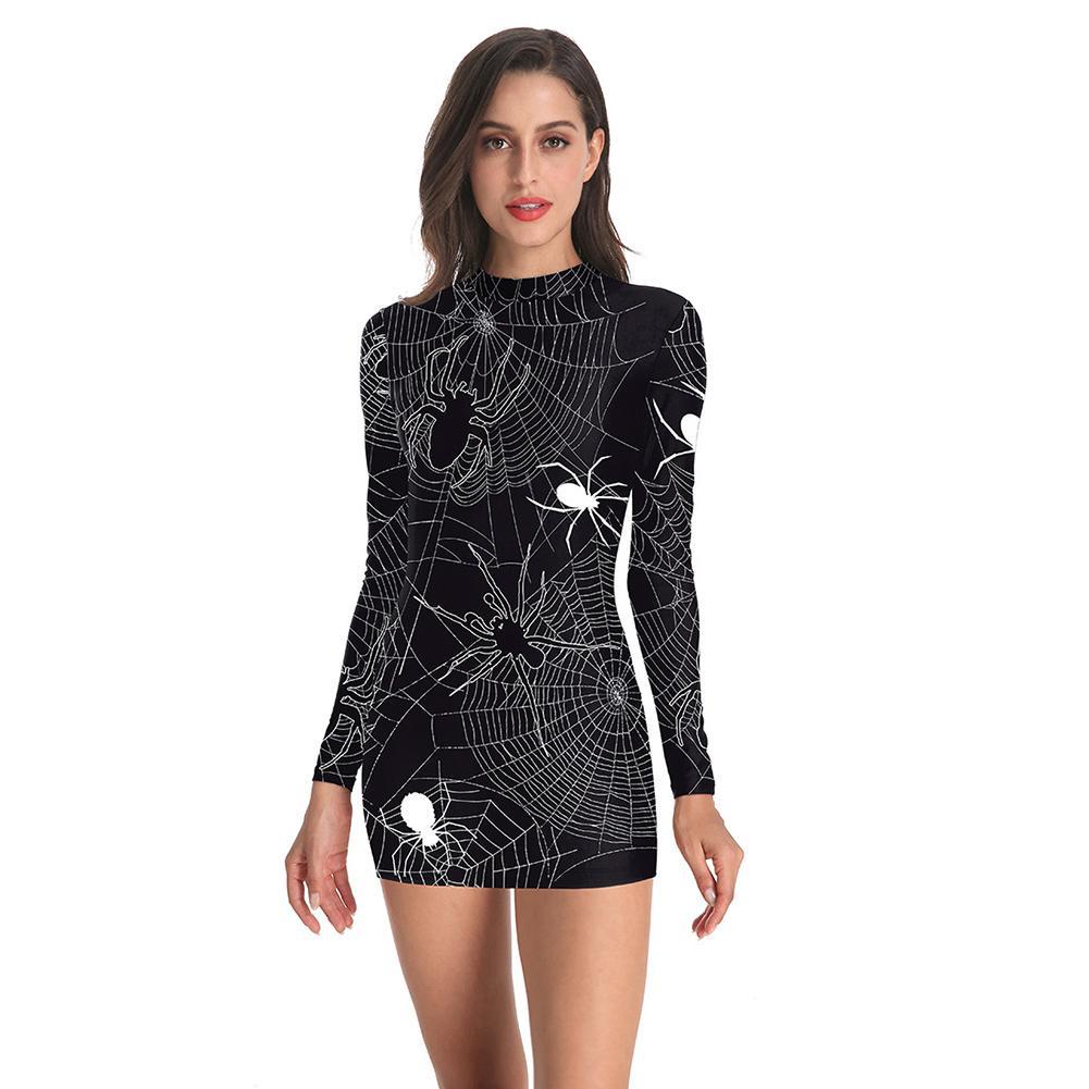 long sleeve halloween dress Women Long Sleeves Spider Net Print Halloween Dress Black Mini Dress –  jetechband